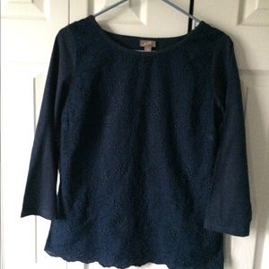 JJill 3/4 sleeve navy blue eyelet shirt.